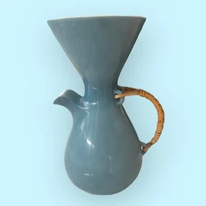 MCM Kenji Fujita For Freeman Lederman Modern Coffee Carafe Blue Ceramic Rattan - Foto 1 di 8