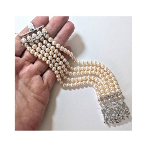 OFF WHITE 5 fili 6 mm perle bianche d'acqua dolce argento sterling C.Z. Bracciale 7 25"