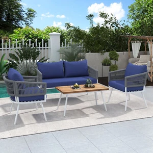 4-Piece Boho Rope Patio Furniture Set, Outdoor Furniture with Acacia Wood Table - Picture 1 of 22