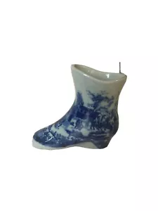 VINTAGE DECORATIVE HIGH HEEL BOOT WITH TRANFER WARE STYLE BLUE AND WHITE VILLAGE - Picture 1 of 5