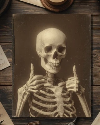 Tarjeta gótica vintage victoriana esqueleto pulgares arriba gracias felicitaciones Foto 1 de 4