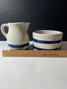 Roseville Pottery Blue Strip Crock And Pitcher 16 Oz #303 / 303-H - Picture 1 of 9