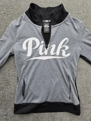 Victorias Secret PINK Gray/Black  Oversized Logo Front 1/4 Zip Sweatshirt XS - Image 1 of 4