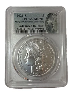 2021-S Morgan Dollar PCGS MS70 Advanced Release 100th Anniversary Sharp Gem coin - Picture 1 of 9