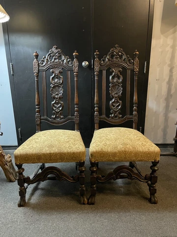 Pair of Antique Hand Carved Upholstered Walnut English Side Dining Chairs Cover