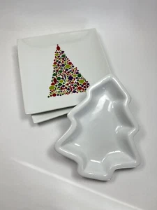 Crate & Barrel 2 Christmas Tree 6" Square Appetizer Plates 2011 & Candy Dish - Picture 1 of 10