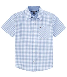 Tommy Hilfiger Short Sleeve Gingham Plaid Button Up Shirt Big Boys S(8) Sky Blue - Picture 1 of 17
