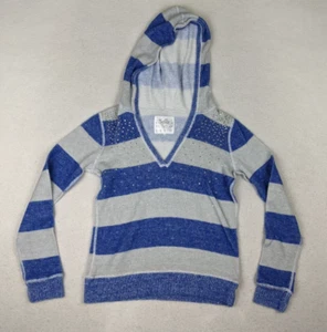 JUSTICE - GIRL'S BLUE & GRAY STRIPED HOODED SWEATER - SIZE 10 - Picture 1 of 7
