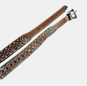 3D Genuine Leather Cow Hair Red Rhinestone Studded Concho Belt Womens 32 #633 - Picture 1 of 9