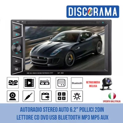 AUTORADIO STEREO AUTO 6.2" POLLICI 2DIN LETTORE CD DVD USB BLUETOOTH MP3 MP5 AUX - Immagine 1 di 4
