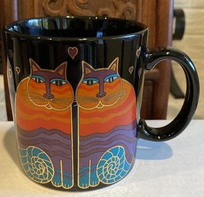 Taza Laurel Burch Rainbow Cats negra púrpura naranja dorada Japón Foto 1 de 4