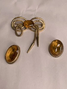 Vtg 60s Whiting And Davis 18”L Necklace 1.25”d Oval Earrings Set Amber Stones - Picture 1 of 15