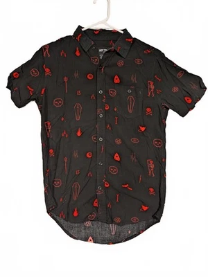 Hot Topic Gothic Halloween Skull Coffin Print Button Up Shirt Mens Small - Image 1 of 4