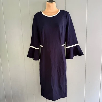 Calvin Klein Navy Dress Sheath Bell Sleeve White Trim Classic Career Size 12 - Image 1 of 4