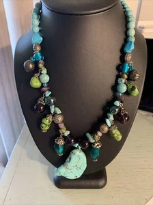 Necklace, Glass blue And Purple Beads Mixed With Natural Stone And Turquoise - Picture 1 of 8