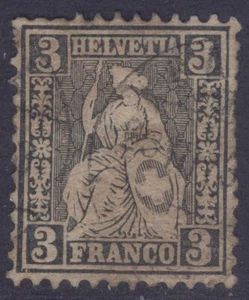 SWITZERLAND 42 Z29 1862-64 3C BLACK SEATED HELVETIA P11.5 USED (#2) FLT CV$185 - Picture 1 of 2