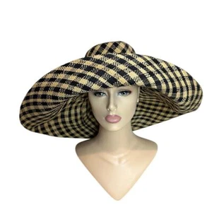 Women's Sun Beach Raffia Hat Summer 7" Wide Brim Floppy Foldable Check Sun Cap - Picture 1 of 8