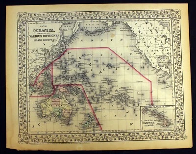 Antiguo mapa de 1872 de los grupos de islas de Oceanica Australia Polinesia Mitchell Foto 1 de 4