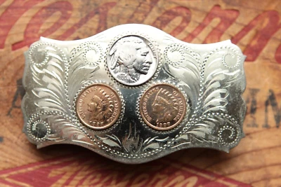 Vintage Comstock German Silver Cowboy Cowgirl Indian Penny Nickle Belt Buckle - Image 1 of 3