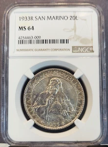 1933 SAN MARINO SILVER 20 LIRE ROME MINT NGC MS 64 SCARCE BEAUTIFUL BU COIN - Picture 1 of 3