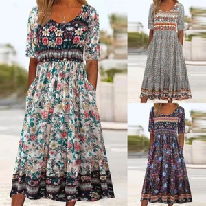 Damenmode Bedrucktes Sommerkleid Slim Fit Strandurlaub Freizeitkleid | - Picture 1 of 13