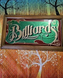 MIRRORED VINTAGE BILLIARDS SIGN BAR POOL METALIC GOLD DECOR WOOD FRAMED  - Picture 1 of 8
