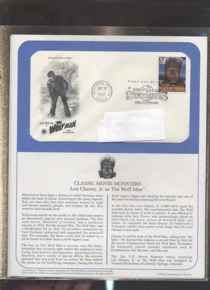 the WOLFMAN - LOU CHANEY  First Day Of Issue SEPT 30 1997 UNIVERSAL STUDIOS  - Image 1 of 1