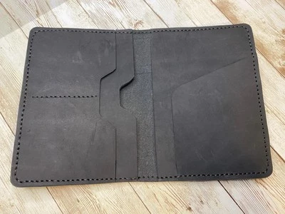 Handmade Full Grain Black Oiled Leather Passport Wallet Cash Credit Card Holder - Image 1 of 4