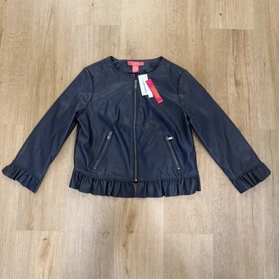 Chaqueta CATHERINE MALANDRINO para mujer pequeña grande de cuero sintético con volantes azul marino Foto 1 de 4