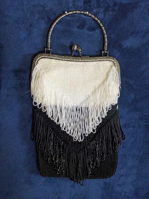 Victorian Style GEOMETRIC Black White HndMd Boutique Crystal Bead Heirloom Purse - Image 1 of 4