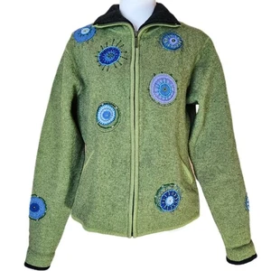 Icelandic Design Wool Zip Jacket Women's Medium Beaded Boho Hippie Y2K Patchwork - Picture 1 of 13