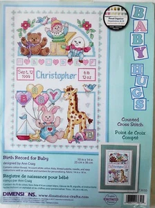 Dimensions Baby Hugs Birth Record For Baby 13650 Cross Stitch Kit 10"x14" Sealed - Picture 1 of 3