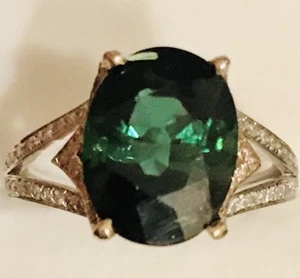 ¡4,40 quilates! Anillo de diamantes de turmalina verde esmeralda natural de oro blanco/amarillo de 14 k - Imagen 1 de 12
