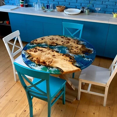 Ocean Epoxy Resin Round Dining Table - Burl Maple & Blue River Epoxy Desk - Image 1 of 4