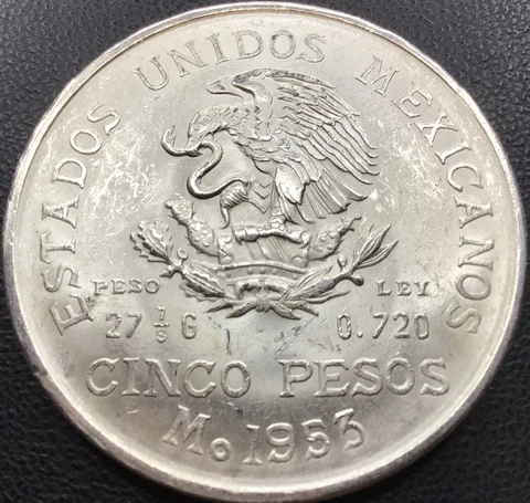 Mexico 1953 Cinco Pesos Hildalgo Flashy White BU+ UNC .720 Ley Silver HOT! 📈 Cover