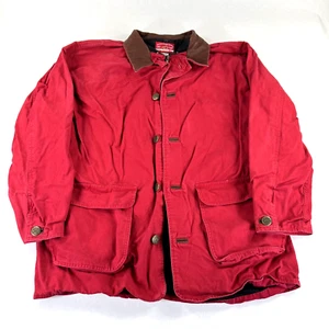 Vintage 90s Marlboro Chore Coat Red Canvas Men's Size Large Barn Jacket Leather - Picture 1 of 12