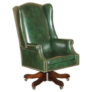 VINTAGE HERITAGE GREEN LEATHER CAPTAINS WINGBACK OFFICE SWIVEL DIRECTORS CHAIR