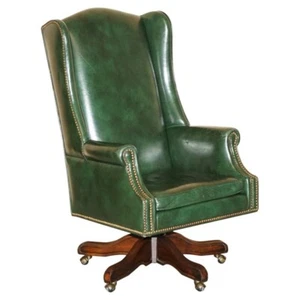 VINTAGE HERITAGE GREEN LEATHER CAPTAINS WINGBACK OFFICE SWIVEL DIRECTORS CHAIR - Picture 1 of 21