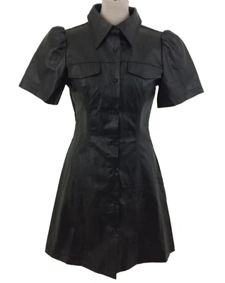 Reclaimed Vintage Women’s Shirt Dress Size 8 Black Faux Leather Sleeves Used F1 - Image 1 of 4