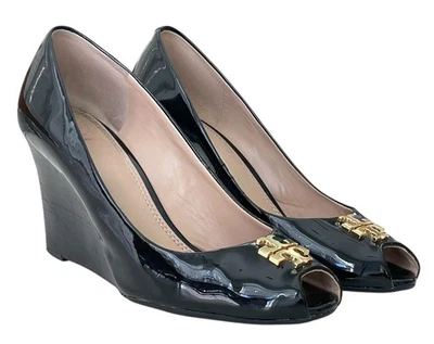 Tory Burch Jade Black Patent Peep Toe Wedges Heels Size 9 - Image 1 of 4