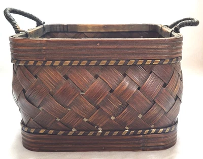 Woven Wood Square Bottom Basket with Handles Bowed Sides Brown 4.25" tall 7"wide - Image 1 of 4