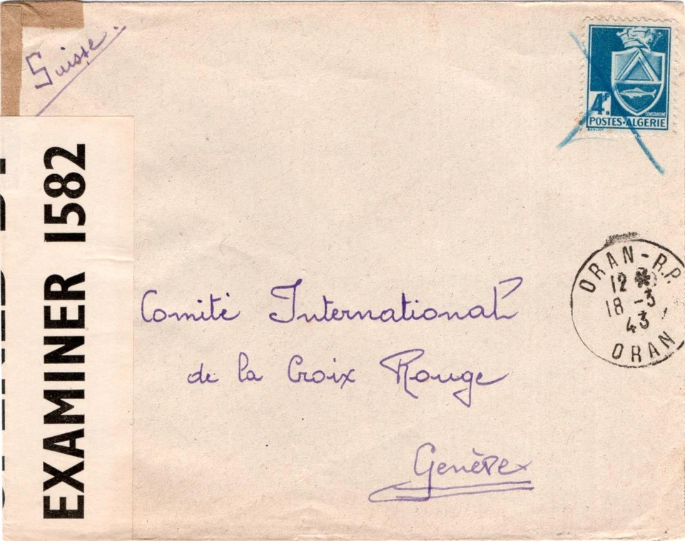 Censored cover, Algeria, Oran to Geneva, double censor, 1943 - Image 1 of 1