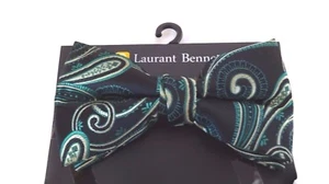 MEN'S BOW TIE PAISLEY BLACK AND GREEN PRE-TIED BOW WITH CLIP - Picture 1 of 2