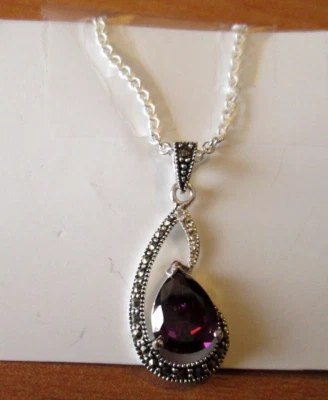 Collar Colgante Pera Amatista Marcasita Remolino 16" Cadena Foto 1 de 3