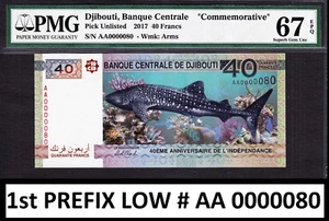 Dschibuti 40 Franken 2017 Gedenk NIEDRIGE Serie AA 0000080 EDELSTEIN UNC PMG 67 EPQ - Bild 1 von 2