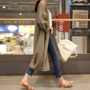 Lady Long Loose Linen Coat Jacket Outerwear Top Casual Cardigan Baggy Retro Chic - Picture 1 of 13