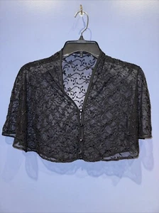 Womens Vintage Sheer Cape, 1960’s Black Lace Bling Buttons - Picture 1 of 3