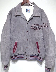 vtg JOHNSON HAWKS ICE HOCKEY Team Jacket 2XL Corduroy 80s Minnesota Saint Paul - Picture 1 of 13
