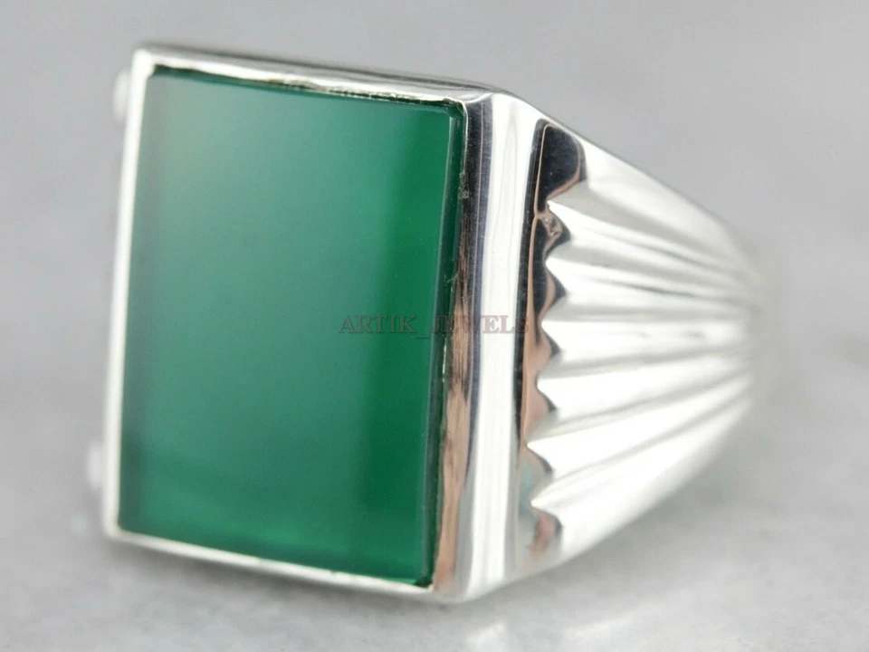 Anello In Argento Sterling 925 Con Gemma Di Onice Verde Naturale Per Uomo #1293 - Immagine 1 di 4