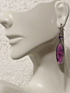 Oval Shape Purple Turquoise Decor Dangle Earrings Retro Elegant Style 1.96" Hook - Picture 1 of 3